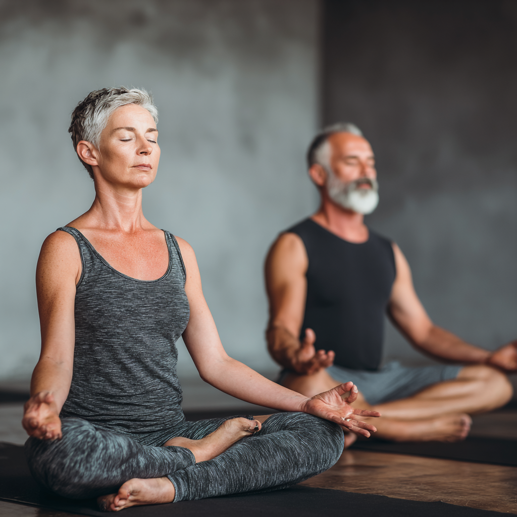 51 years old adults practicing yoga together in peaceful studio setting