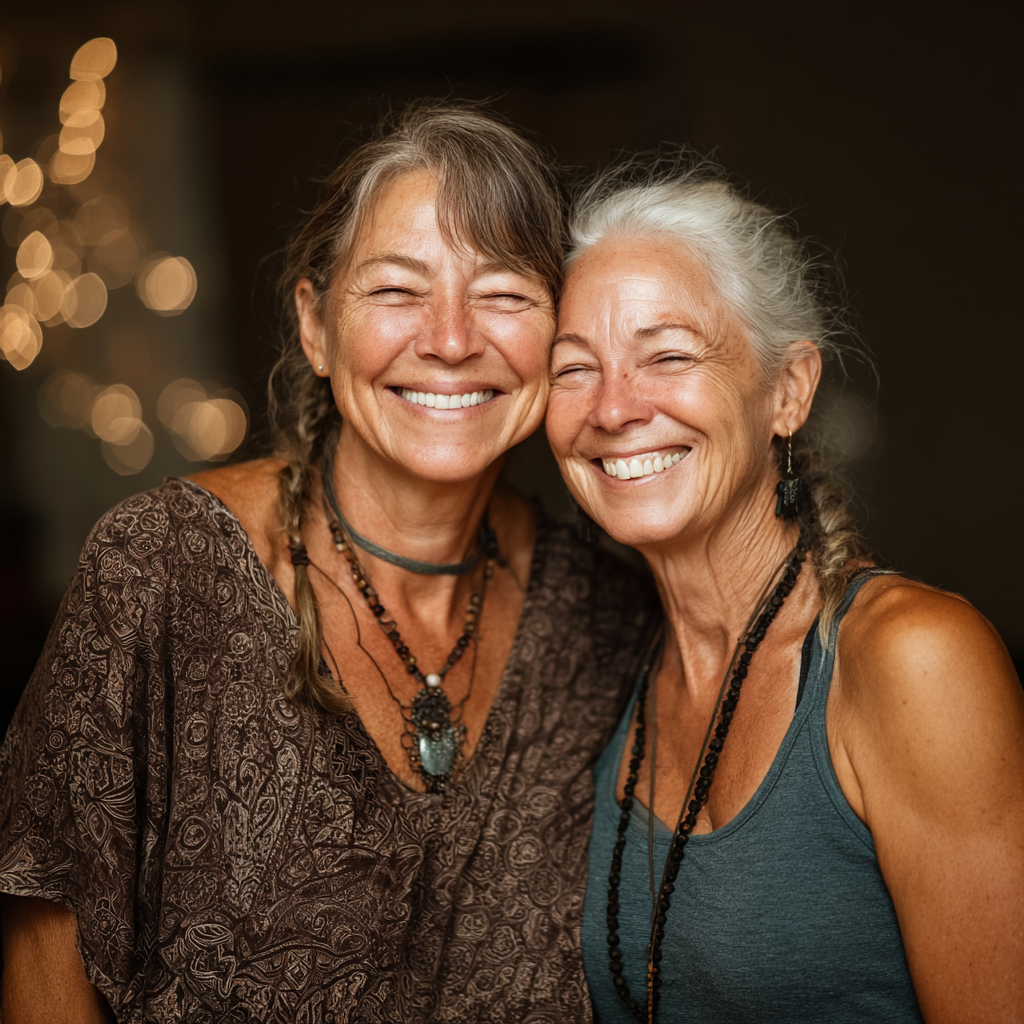 Welcoming community of 52 years old yoga practitioners sharing peaceful moment together after class